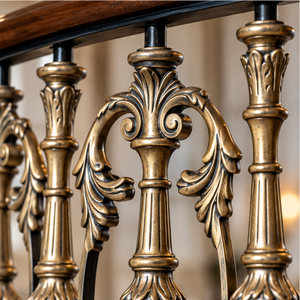 Barandilla de Escalera Ornamental de Metal en Tono Bronce con Balaustres Florales Esculpidos y Pasamanos de Madera Oscura para Interiores de Lujo - Product Image 4