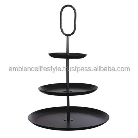 Ambience Lifestyle Fabricant indien de support à gâteau en fer à 3 niveaux avec revêtement en poudre noir mat pour la cuisine et la pâtisserie