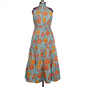 Hermoso Vestido Bohemio con Estampado Floral y Cuello Redondo para Mujer, Vestido Largo de Algodón con Estampado de Bloques, Vestido de Fiesta para Primavera y Verano - Product Image 1