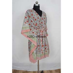 Robe Kaftan Midi Femme 100% Coton Faite à la Main, Col V, Motif Floral Vintage Romantique, Manches Courtes, Légère, Printemps - Product Image 6