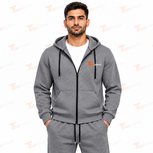Nuevo conjunto deportivo de dos piezas con logotipo personalizado, sudadera con capucha y cremallera completa de algodón y tejido técnico, pantalones deportivos con cremallera para hombre - Product Image 5