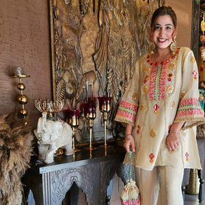 Designer Cos Moss <b>Kurti</b> Palazzo Set with Real Mirror & Sequence Embroidery Work | Stylish Festive Ethnic Wear for Women - Product Image 1