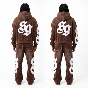 Custom Men's Heavyweight Knitted Fleece Embroidered Tracksuit Set <b>Oversized</b> Half Zip Hoodie Flared <b>Sweatpants</b> Color Blocking - Product Image 3