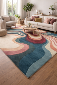 New Design Hand Tufted Blue <b>Maroon</b> wave Wool rug abstract pattern carpet, Eco-Friendly Style, For Living Room & Kids Bedroom - Product Image 2