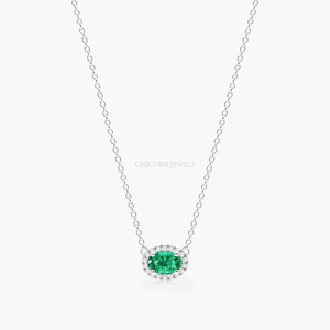 14K Gold East-West Oval <b>Emerald</b> Halo Necklace Lab Grown Diamond Petite Sideways Gemstone <b>Pendant</b> for Women Custom Fine Jewelry - Product Image 6