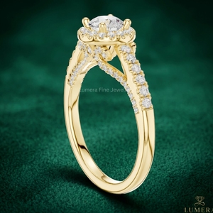 แหวนหมั้นเพชรทรงกลมเจียระไนแบบ Halo ทองคำขาว 14K/18K หรูหรา ประดับเพชรเลี้ยงในห้องปฏิบัติการ พร้อมวงแหวนแบบ Pavé สำหรับผู้หญิง เครื่องประดับชั้นดี รับผลิตแบบ OEM ODM - Product Image 3