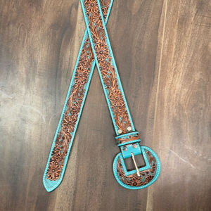 Venta al por mayor de fábrica, cinturón de hebillas redondeadas anchas de cuero mecanizado a mano para mujeres, cómodos cinturones occidentales con relieve floral Turquesa - Product Image 5