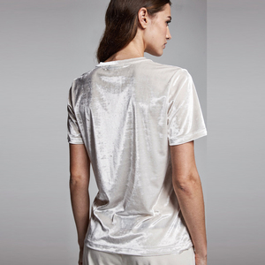 Women's <b>White</b> Velvet Crew Neck T-Shirt Summer Lightweight Velour <b>Tee</b> Shirt Ladies Short Sleeve Velvet TShirt Women - Product Image 6