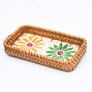 Plateau rectangulaire en céramique avec incrustation de nacre, motif fleur de lotus, design bohème, céramique tissée durable - Product Image 4