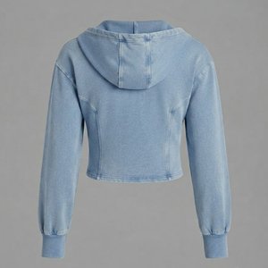 Trendiness Custom Logo Women's Light Blue Hooded Sweatshirt Full Sleeve Knitted Solid Color Short Length Breathable Autumn - Product Image 2