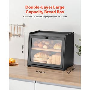 Boîte à pain en bambou à double couche de grande capacité, panneau de porte ondulé, porte-pain en bois acrylique noir pour la cuisine - Product Image 2