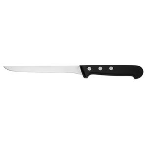 Cuchillos largos y estrechos para cortar carne con mango negro y hoja plateada lisa, tres remaches y mango curvo para uso en cocina y corte de alimentos. - Product Image 1