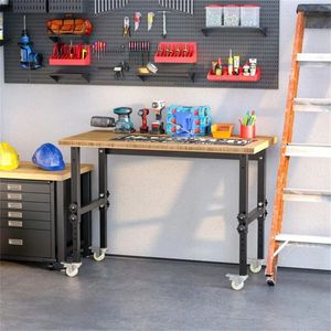 47\" Height <b>Adjustable</b> Garage Workbench with Wheels Bamboo Tabletop Workstation Tool <b>Table</b> for Woodworking - Product Image 2
