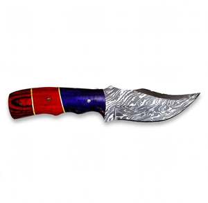 Couteau utilitaire robuste d'extérieur à double tonalité bleu-rouge personnalisé avec manche en bois et lame en acier Damas fixe - Product Image 4