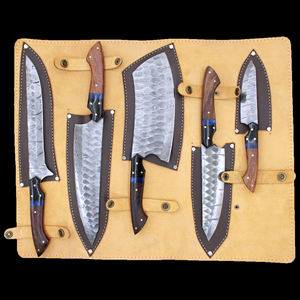 Juego de cuchillos de cocina de estilo nuevo, hechos a mano, con hoja de acero, 5 piezas, con funda de cuero para transportarlos. - Product Image 4