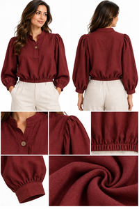 <b>Women's</b> Burgundy <b>Linen</b> Cotton Loose Woven Blouse Puff Sleeve Crew Neck Top Elastic Waist Long Sleeve Casual All Seasons - Product Image 5