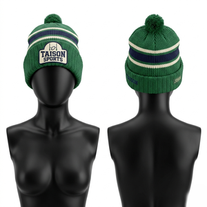 Bonnet de rugby en acrylique doux de haute qualité 320 GSM pour femme, rayé bleu marine et vert, tricot jacquard, lettrage brodé personnalisé - Product Image 3