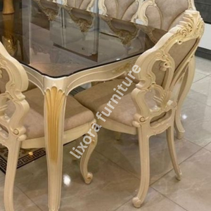 Juego de Comedor de Lujo Hecho a Mano en Blanco y Dorado para 10 Personas, Mesa con Tapa de Cristal y Tallado Victoriano Ornamentado - Product Image 2