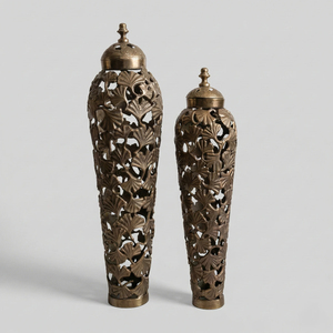 Ensemble de vases décoratifs en aluminium pour la maison, motif feuille de Ginkgo, finition antique, décoration de mariage et d'événements, porte-fleurs faits à la main - Product Image 1