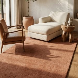 Tapis en laine unie tufté à la main tendance, tapis de sol moderne en poils coupés doux couleur terre cuite pour la décoration du salon et de la chambre - Product Image 5