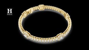 Exquisite Gold Tennis <b>Bracelet</b> Featuring Emerald Cut Centerpiece and Round Diamond Halo - Product Image 4