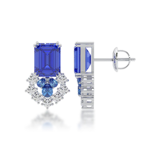 Boucles d'oreilles de luxe pour femmes en or massif 18 carats avec saphirs et diamants ronds taille brillant, design géométrique, bijoux de mariage - Product Image 2