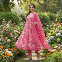 Ensemble Kurta Anarkali pour femmes, imprimé floral rose, col en V, robe évasée avec dupatta, tenue traditionnelle ethnique festive