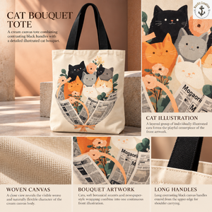 Playful <b>Cat</b> Artwork Shopping Tote in Canvas Fabric | Cream Shoulder <b>Carry</b> <b>Bag</b> with Black Long Handles for Daily Use and Travel - Product Image 5