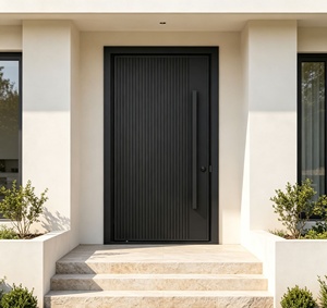 Modern Minimalist Steel Entry Door with Vertical Groove Design and Blue LED Handle <b>Swing</b> Style Anti-Theft Security Exterior Use - Product Image 2