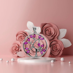Premium 925 Sterling Silver Tree of Life <b>Necklace</b> Rhodium Plated Pink Marquise Stone CZ Floral Pendant Jewelry for Women - Product Image 3