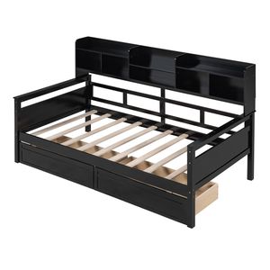 Espresso Twin Size Daybed with Wood Slat Support <b>Bedside</b> <b>Shelves</b> Two Drawers - Product Image 5