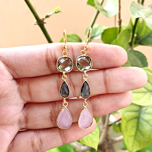 Designer pink chalcedony & quartz <b>hook</b> <b>earrings</b> handmade multiple shape bezel set gemstone drop dangle fashion briolette jewelry - Product Image 6