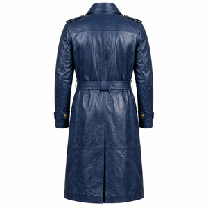 <b>Men's</b> <b>Navy</b> Blue Leather <b>Trench</b> <b>Coat</b> Long Double Breasted Belted Overcoat with Shoulder Epaulettes Classic Winter Fashion Custom - Product Image 2