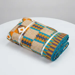 Tela Brocada con Estampado Africano, Patrón Geométrico, Mezcla de Poliéster y Algodón en Naranja y Azul, para Prendas de Vestir y Textiles para el Hogar - Product Image 2