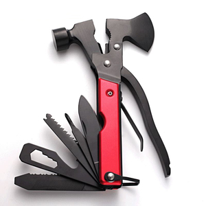 Hache de survie multi-outils avec tête de marteau et hache, manche en aluminium rouge, lames en acier inoxydable, utilisation tactique en extérieur - Product Image 1