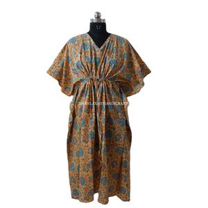 Vente en gros 100% coton style bohème caftan tunique robe indienne jaune main bloc imprimé lâche vêtements de maternité dentelle douce naturelle - Product Image 1