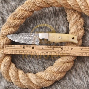 Cuchillo de Hoja Fija de Acero de Damasco, Punta Caída, Borde Recto, Mango de Hueso, Cuchillo para Acampar al Aire Libre - Product Image 3