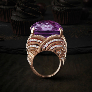 Rose <b>Gold</b> <b>Cocktail</b> <b>Ring</b> With Pear Cut Amethyst And Pave Diamond Accents Geometric Design Women Luxury Statement Jewelry - Product Image 2
