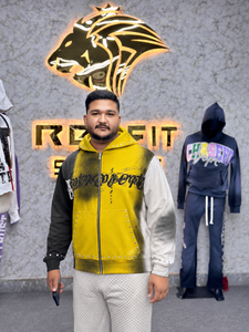 เสื้อฮู้ดซิปผู้ชายทรงโอเวอร์ไซส์ REXFIT ลายพิมพ์สเปรย์ ผ้าฟลีซ สตรีทแวร์ เสื้อกันหนาวมีฮู้ด คุณภาพพรีเมียม สีเหลือง ดำ ขาว - Product Image 2