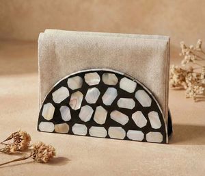 Moderno Porta Pañuelos con Incrustaciones de Concha, Diseño Semicircular, Rayas Blancas y Negras, Soporte Independiente con Cubierta de Tela, Porta Pañuelos MOP - Product Image 2