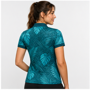 Polo Personalizado para Mujer con Estampado de Hojas Tropicales en Turquesa, Secado Rápido, Transpirable, Manga Corta, Uniforme de Golf, WPS-0816 - Product Image 3