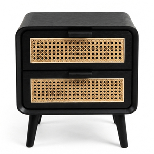 Table de chevet moderne en teck noir avec tressage en rotin, 2 tiroirs de rangement, mobilier de chambre au design mid-century, vente en gros - Product Image 2