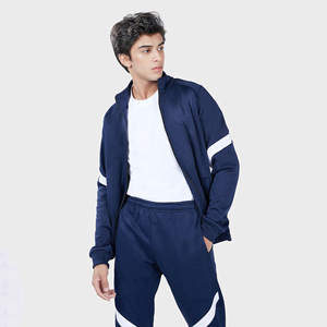 Ensemble de survêtement sportif décontracté pour homme, bleu marine, avec fermeture éclair intégrale et bandes blanches, respirant, en polyester, pour l'automne - Product Image 4