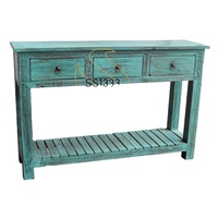 Console en bois style Shaker côtier avec 3 tiroirs et étagère, modèle SS1333, finition Teal, pour salon ou entrée
