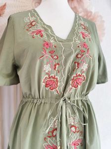 Boho Floral Solid Embroidery Maxi <b>Dress</b> V-Neck Long Sleeve Loose Fit Natural Waist <b>Summer</b> Casual <b>Vintage</b> Woven <b>Dress</b> - Product Image 3