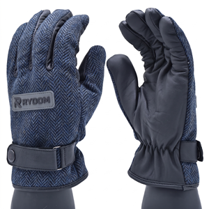 Custom Men Winter Thermal Real Sheepskin Leather <b>Gloves</b> Windproof Luxury Navy Blue Herringbone Tweed Dress <b>Warm</b> Mittens - Product Image 2