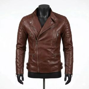 Blouson moto homme en cuir véritable marron, col rabattable, fermeture éclair, coupe ajustée, vêtement d'extérieur décontracté pour l'automne, manches classiques, tendance - Product Image 1