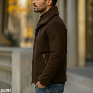 Men's Brown <b>Suede</b> Shearling Aviator <b>Jacket</b> - Handmade Winter Coat. - Product Image 2