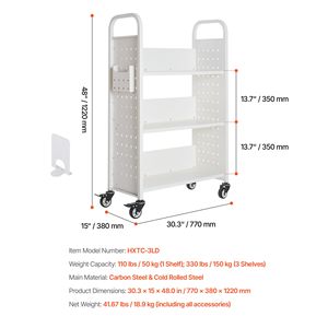 Carrello Porta Libri a Rotelle Monofacciale con Ripiani a L, Capacità 150 Kg, 77x38x122 cm, Struttura in Metallo, Ruote Bloccabili da 3 Pollici - Product Image 4
