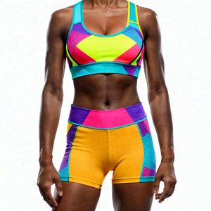 Conjunto de Yoga de 2 Piezas Color Morado, Shorts de Cintura Alta, Top Corto con Espalda Cruzada y Cuello Redondo, Detalles de Malla Transpirable sin Costuras, Color Sólido - Product Image 1